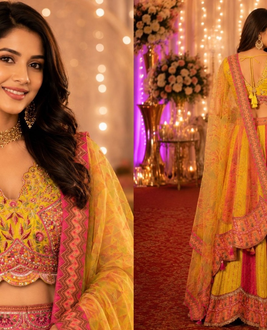 1214 - Embroidered Work Tissue Lehenga Choli In Pink and Yellow Colour